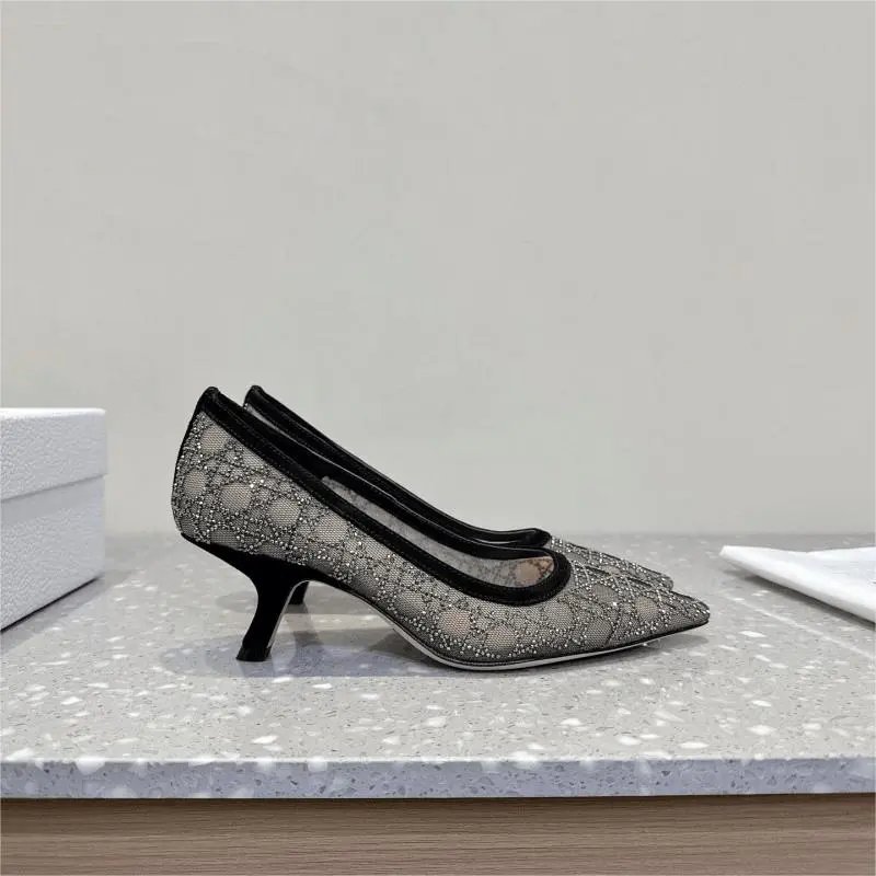 Dior Black Mesh Heels with Crystal Embellishments