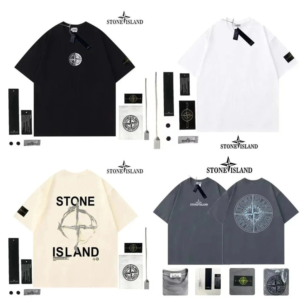 STONE ISLAND Classic Logo T-Shirt in Black White Beige and Gray